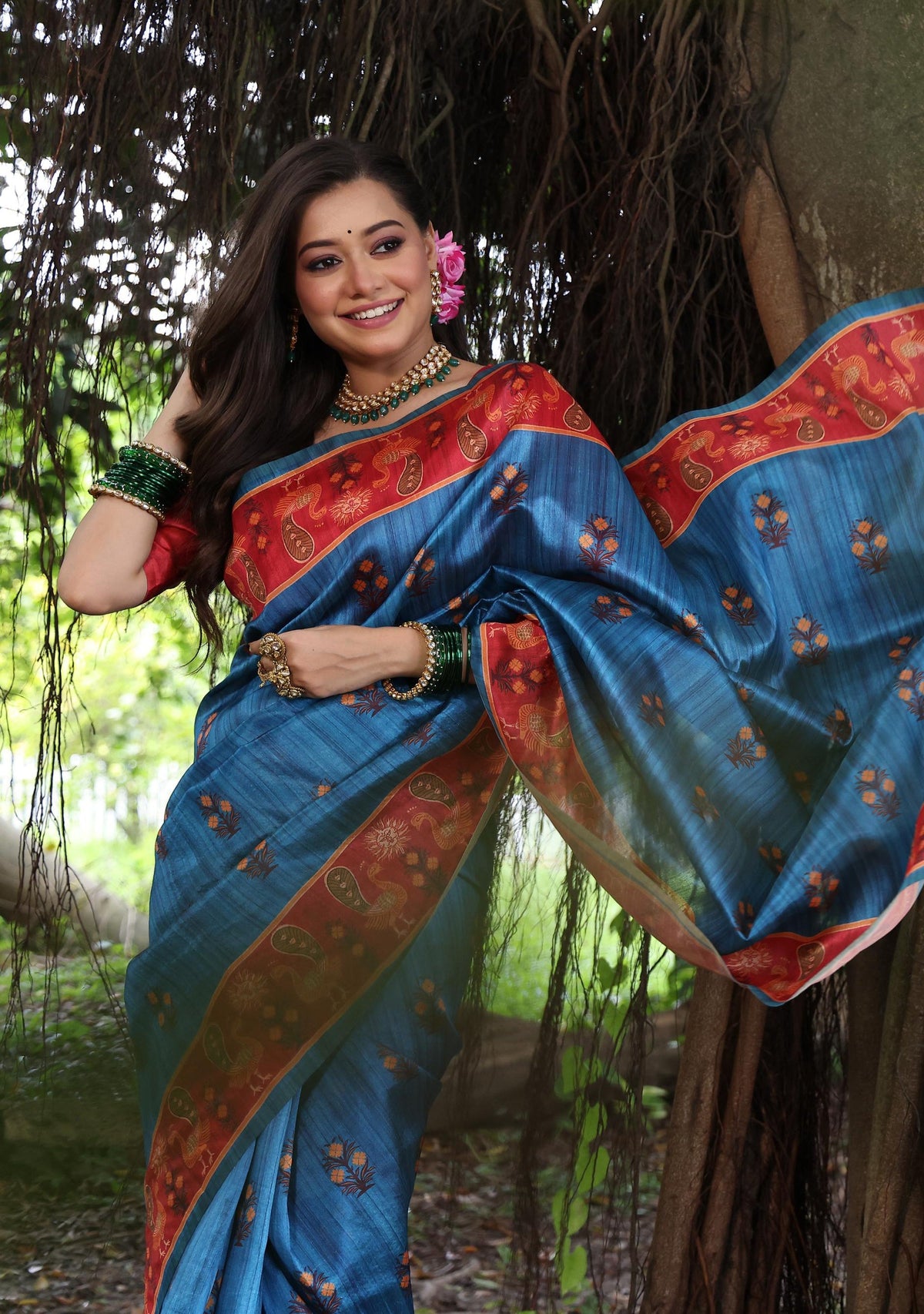 Jyoti Fashion Women's Wine Soft Tussar Silk Peacock Printed Designer Saree with Blouse | Grocsy