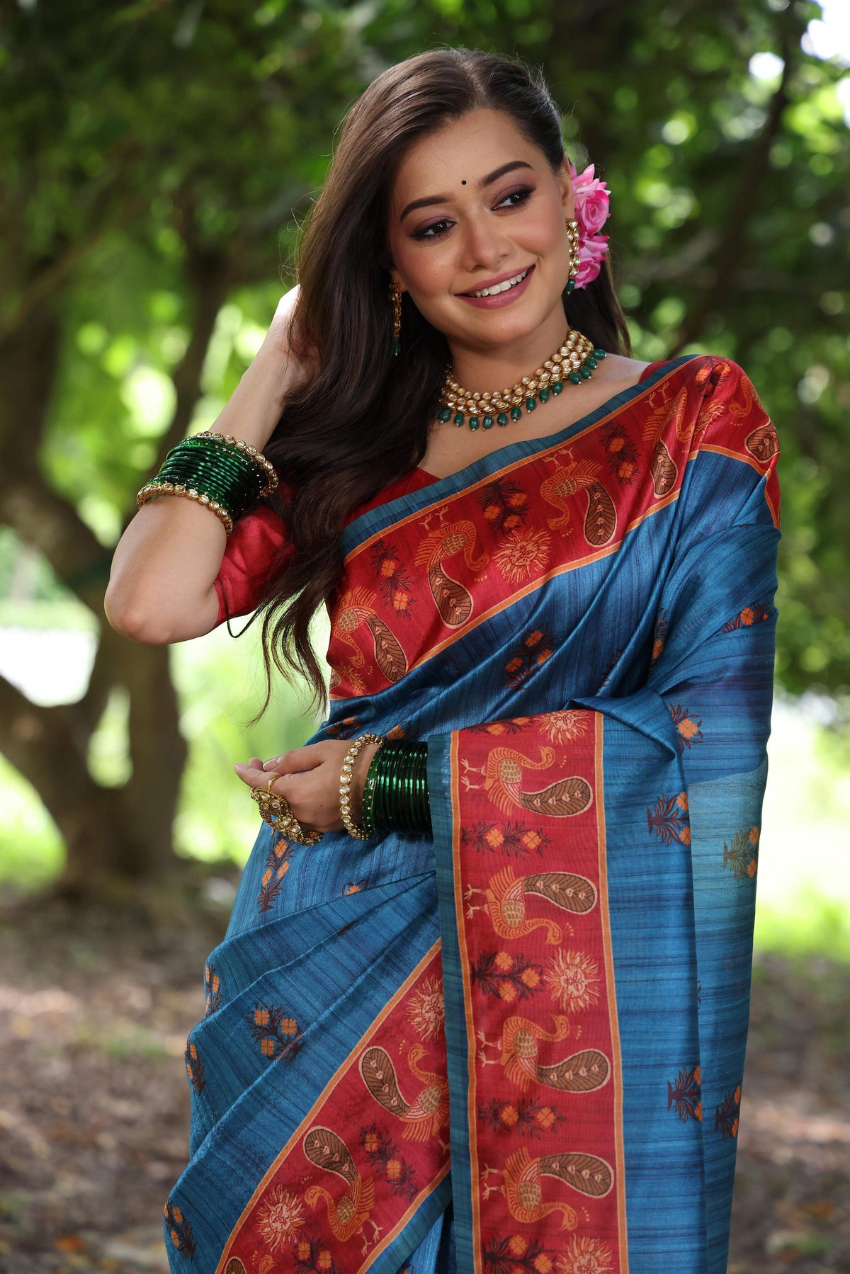 Jyoti Fashion Women's Wine Soft Tussar Silk Peacock Printed Designer Saree with Blouse | Grocsy