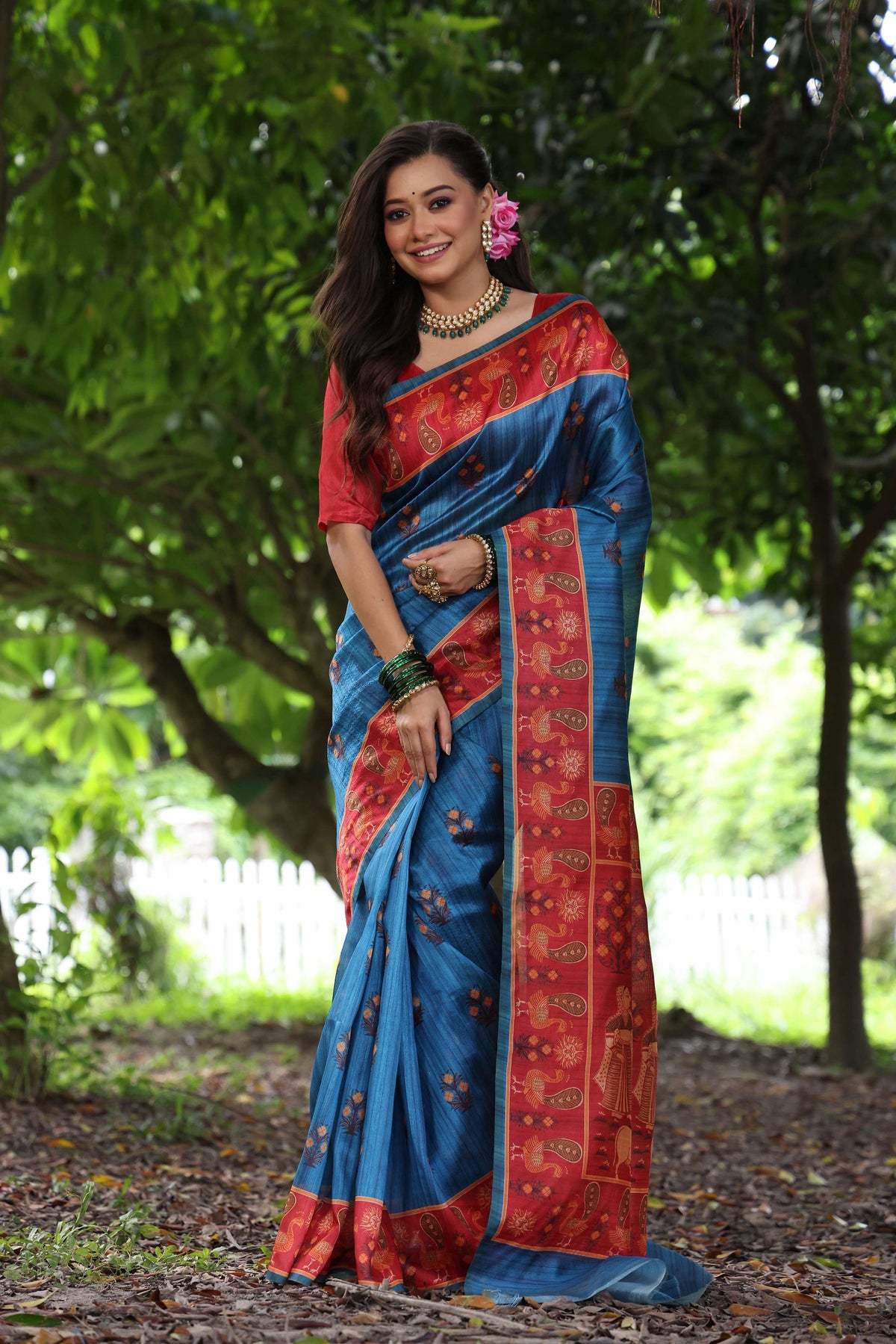 Jyoti Fashion Women's Wine Soft Tussar Silk Peacock Printed Designer Saree with Blouse | Grocsy