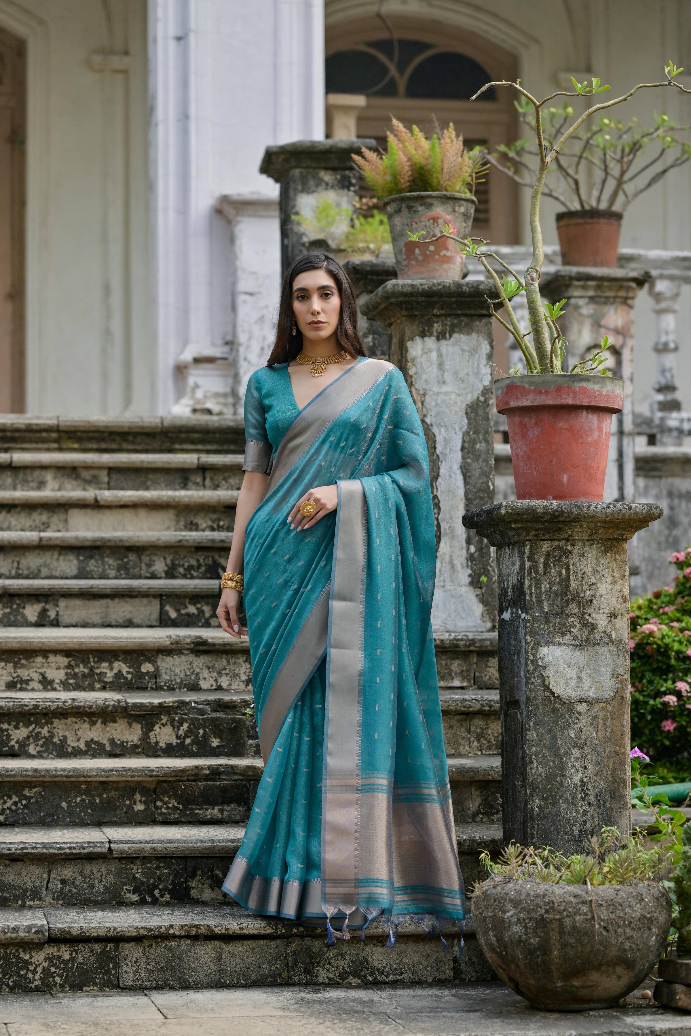 Jyoti Fashion Women's Teal Soft Kalyani Silk Zari Woven Designer Saree with Blouse | Grocsy