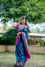 Jyoti Fashion Women's Blue Soft Banarasi Silk Zari Woven Saree with Blouse | Grocsy