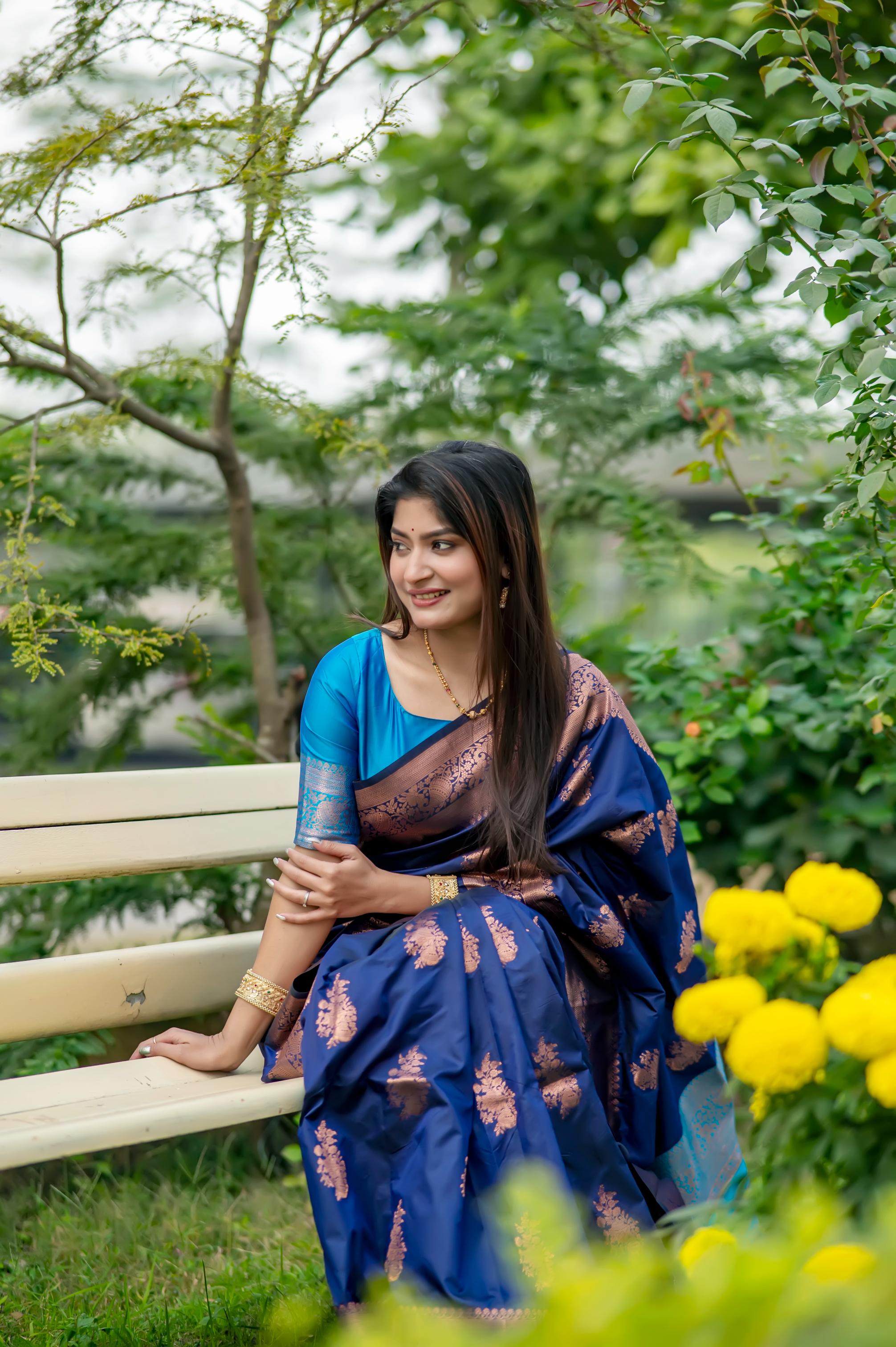 Jyoti Fashion Women's Navy Blue Soft Banarasi Silk Zari Woven Saree with Blouse | Grocsy