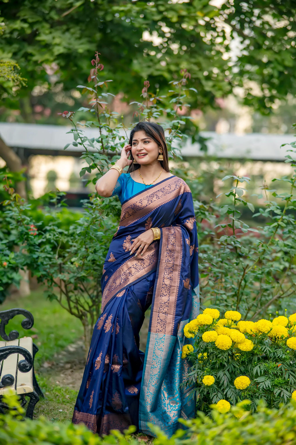 Jyoti Fashion Women's Navy Blue Soft Banarasi Silk Zari Woven Saree with Blouse | Grocsy
