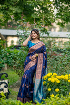 Jyoti Fashion Women's Navy Blue Soft Banarasi Silk Zari Woven Saree with Blouse | Grocsy