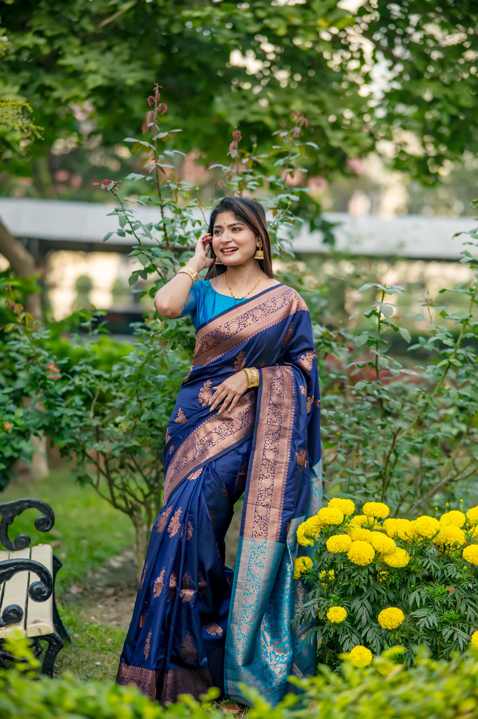 Jyoti Fashion Women's Navy Blue Soft Banarasi Silk Zari Woven Saree with Blouse | Grocsy