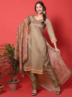 Jyoti Fashion Women's Brown Cotton Digital Printed Festive Wear Designer Straight Suit Set | Grocsy