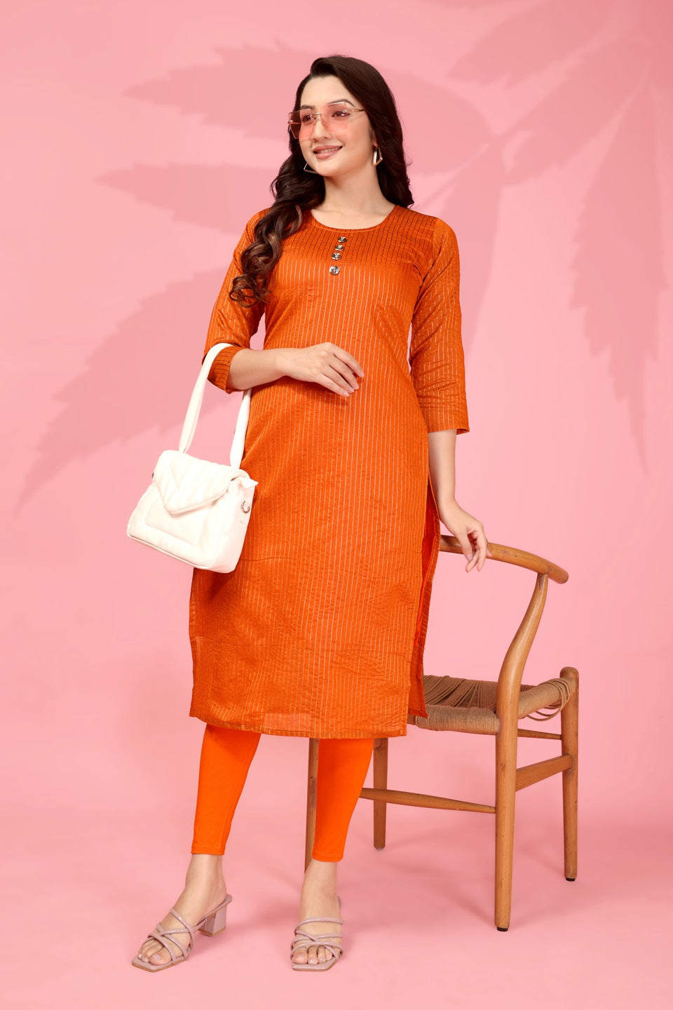 Jyoti Fashion Women's Orange Kanchi Cotton Lining Zari Woven Designer Kurti Only | Grocsy