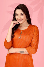 Jyoti Fashion Women's Orange Kanchi Cotton Lining Zari Woven Designer Kurti Only | Grocsy