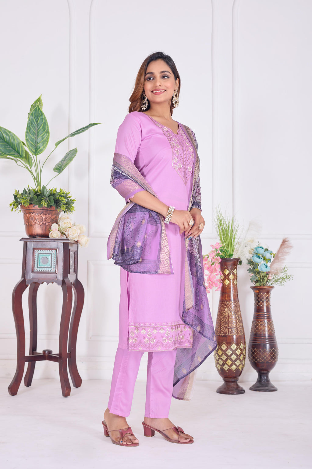 Jyoti Fashion Women's Lavender Cotton Embroidered Designer Kurta Set with Dupatta | Grocsy