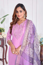 Jyoti Fashion Women's Lavender Cotton Embroidered Designer Kurta Set with Dupatta | Grocsy