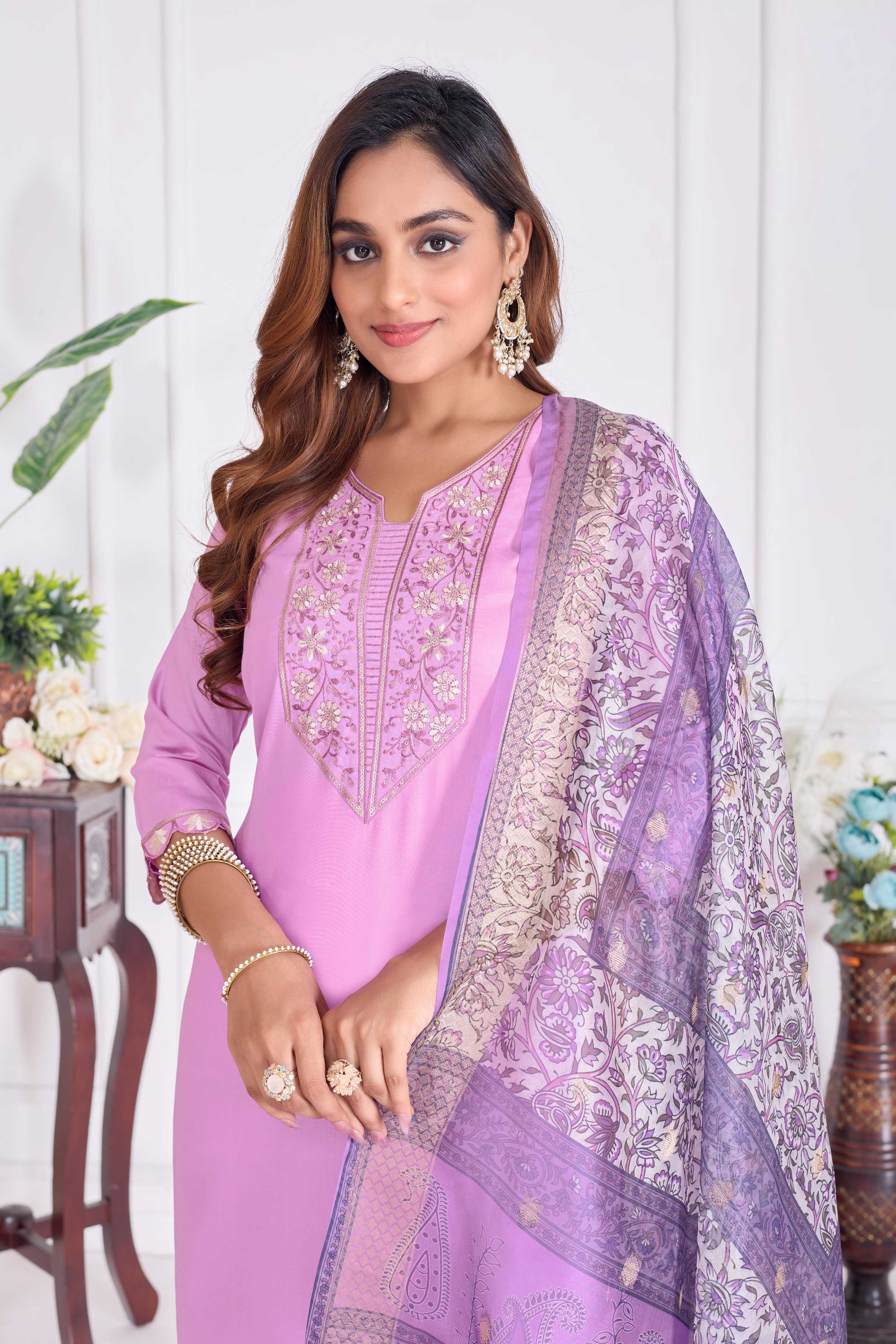 Jyoti Fashion Women's Lavender Cotton Embroidered Designer Kurta Set with Dupatta | Grocsy