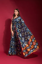 Jyoti Fashion Women's Navy Blue Emboss Foil Printed Soft Silk Saree with Blouse | Grocsy