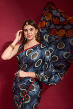 Jyoti Fashion Women's Navy Blue Emboss Foil Printed Soft Silk Saree with Blouse | Grocsy