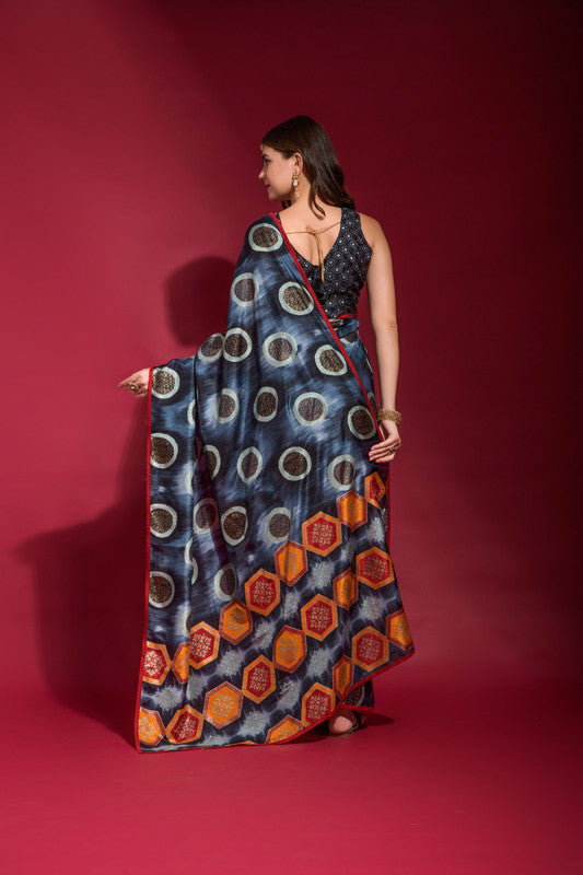 Jyoti Fashion Women's Navy Blue Emboss Foil Printed Soft Silk Saree with Blouse | Grocsy