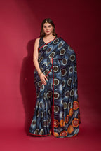 Jyoti Fashion Women's Navy Blue Emboss Foil Printed Soft Silk Saree with Blouse | Grocsy