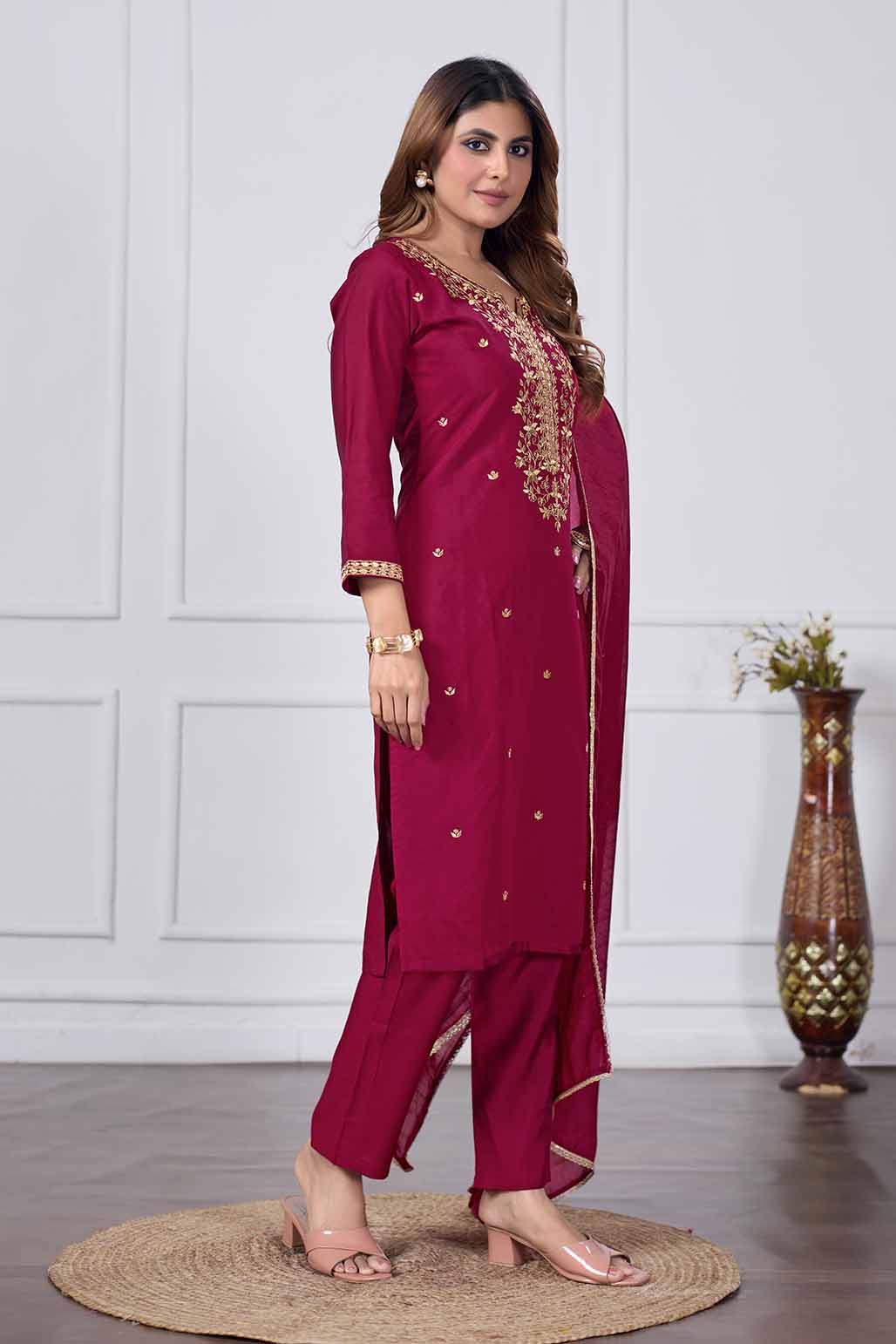 Jyoti Fashion Women's Maroon Chanderi Cotton Embroidered Designer Kurta Set with Dupatta | Grocsy