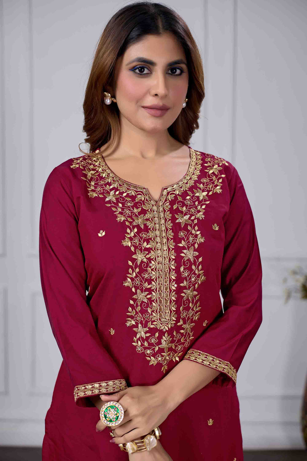 Jyoti Fashion Women's Maroon Chanderi Cotton Embroidered Designer Kurta Set with Dupatta | Grocsy