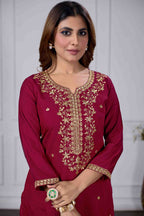 Jyoti Fashion Women's Maroon Chanderi Cotton Embroidered Designer Kurta Set with Dupatta | Grocsy