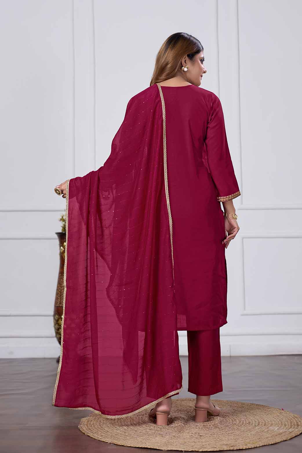 Jyoti Fashion Women's Maroon Chanderi Cotton Embroidered Designer Kurta Set with Dupatta | Grocsy