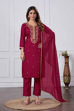 Jyoti Fashion Women's Maroon Chanderi Cotton Embroidered Designer Kurta Set with Dupatta | Grocsy