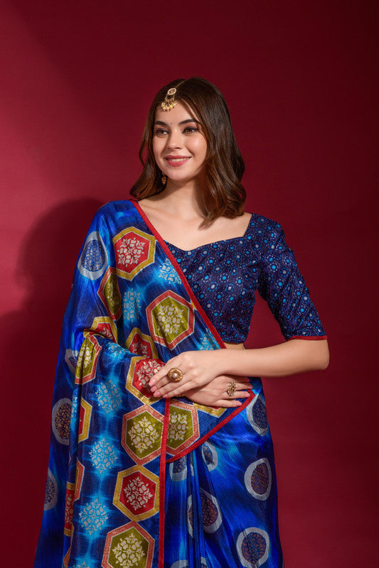 Jyoti Fashion Women's Royal Blue Emboss Foil Printed Soft Silk Saree with Blouse | Grocsy