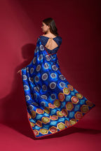 Jyoti Fashion Women's Royal Blue Emboss Foil Printed Soft Silk Saree with Blouse | Grocsy