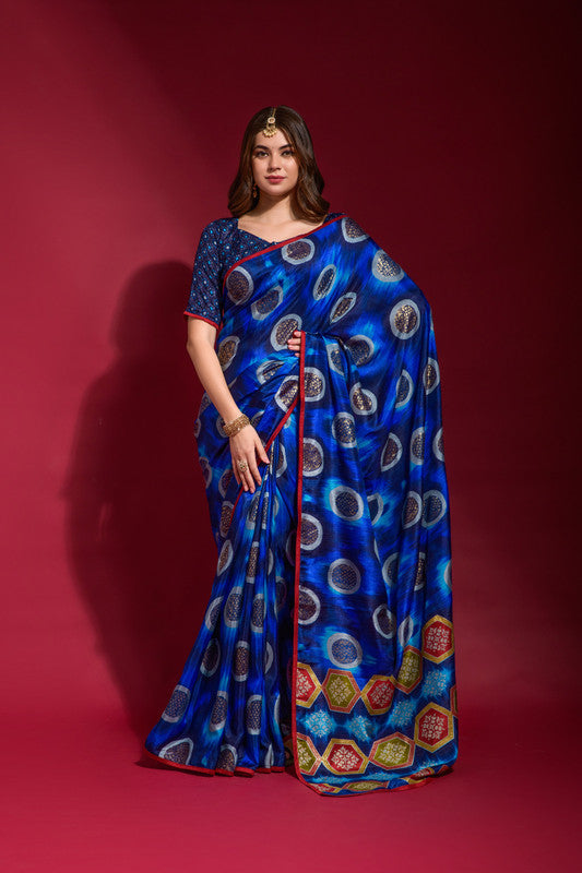 Jyoti Fashion Women's Royal Blue Emboss Foil Printed Soft Silk Saree with Blouse | Grocsy