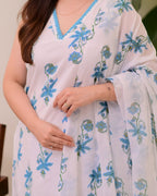 Jyoti Fashion Women's Blue Rayon Slub Floral Printed Designer Kurta Set with Dupatta | Grocsy