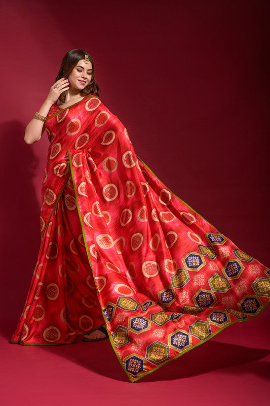 Jyoti Fashion Women's Red Emboss Foil Printed Soft Silk Saree with Blouse | Grocsy