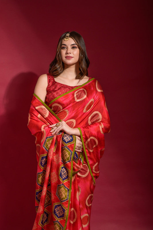 Jyoti Fashion Women's Red Emboss Foil Printed Soft Silk Saree with Blouse | Grocsy