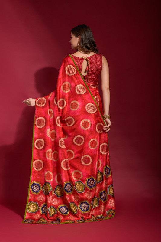 Jyoti Fashion Women's Red Emboss Foil Printed Soft Silk Saree with Blouse | Grocsy