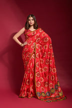 Jyoti Fashion Women's Red Emboss Foil Printed Soft Silk Saree with Blouse | Grocsy