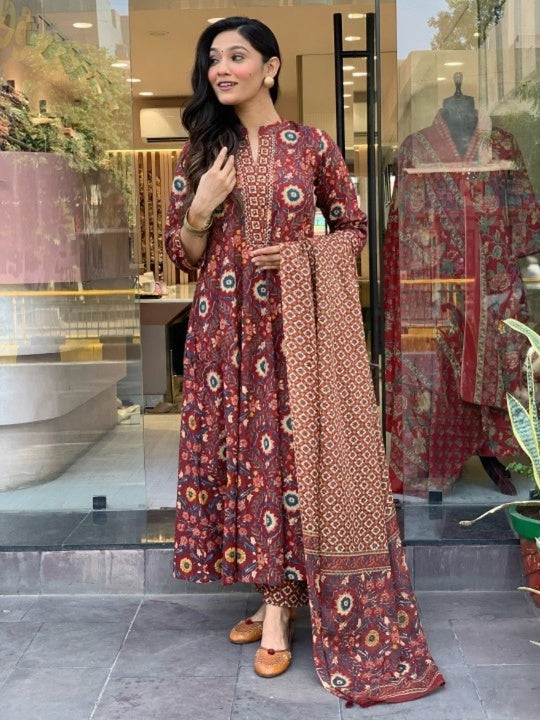 Jyoti Fashion Women's Maroon Rayon Slub Floral Printed Designer Kurta Set with Dupatta | Grocsy