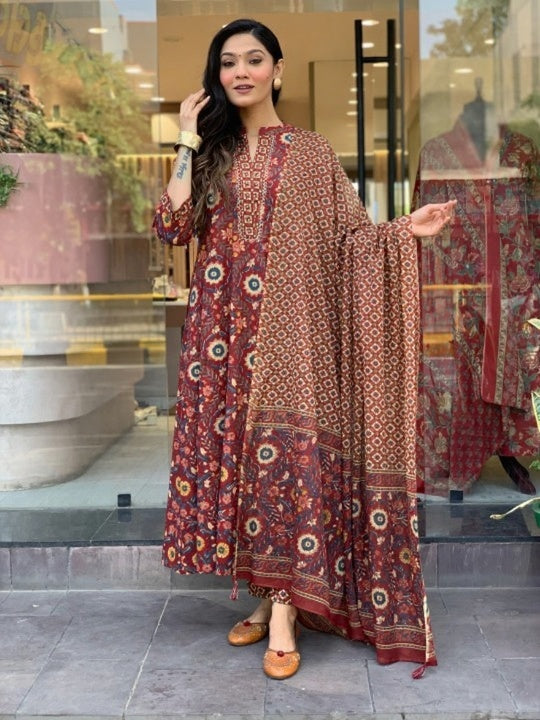 Jyoti Fashion Women's Maroon Rayon Slub Floral Printed Designer Kurta Set with Dupatta | Grocsy