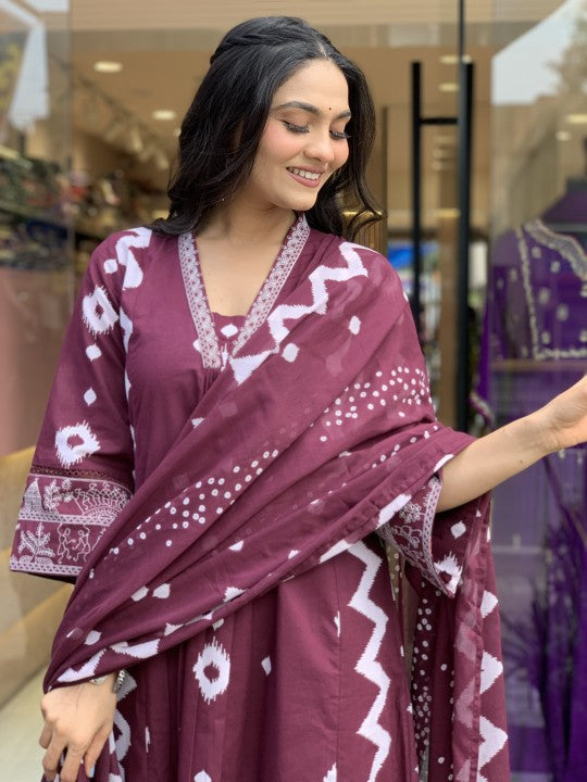 Jyoti Fashion Women's Wine Rayon Slub Printed Designer Kurta Set with Dupatta | Grocsy