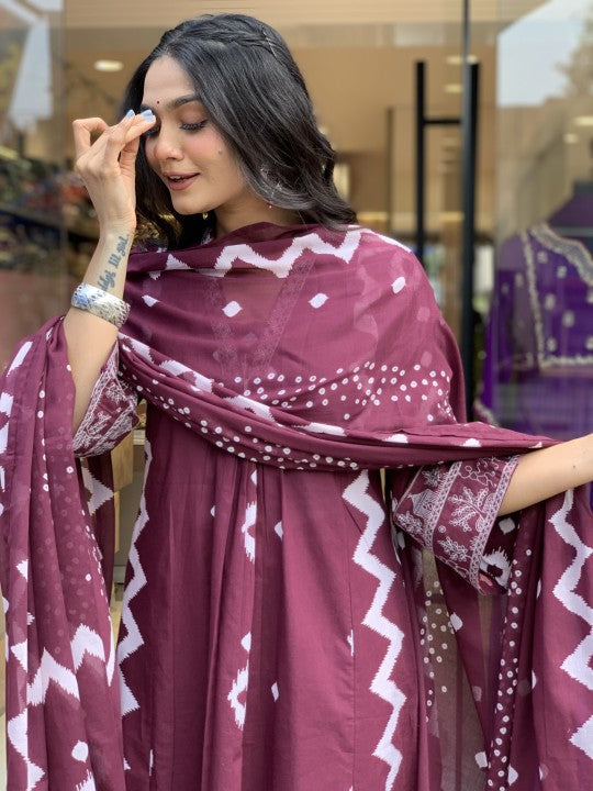 Jyoti Fashion Women's Wine Rayon Slub Printed Designer Kurta Set with Dupatta | Grocsy