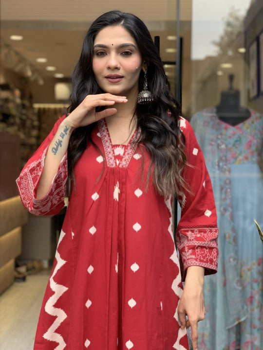 Jyoti Fashion Women's Red Rayon Slub Printed Designer Kurta Set with Dupatta | Grocsy