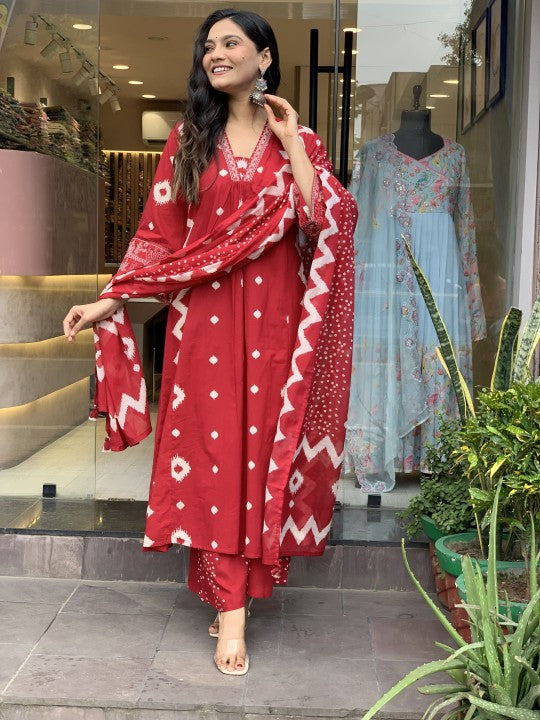 Jyoti Fashion Women's Red Rayon Slub Printed Designer Kurta Set with Dupatta | Grocsy