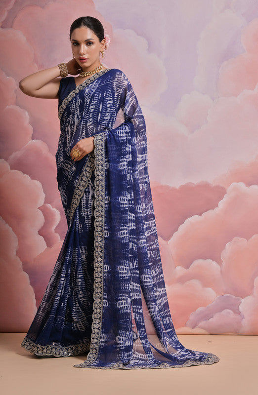 Jyoti Fashion Women's Blue Sequence with Zari Codding Georgette Saree with Blouse | Grocsy