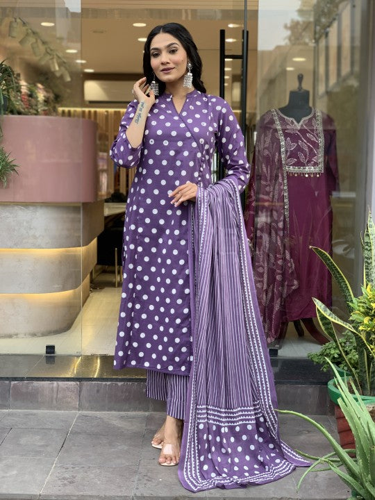 Jyoti Fashion Women's Purple Rayon Slub Printed Designer Kurta Set with Dupatta | Grocsy
