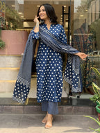 Jyoti Fashion Women's Blue Rayon Slub Printed Designer Kurta Set with Dupatta | Grocsy