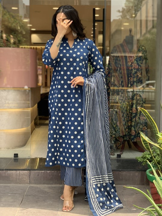 Jyoti Fashion Women's Blue Rayon Slub Printed Designer Kurta Set with Dupatta | Grocsy