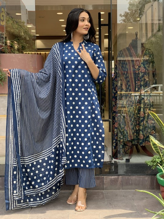 Jyoti Fashion Women's Blue Rayon Slub Printed Designer Kurta Set with Dupatta | Grocsy