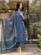 Jyoti Fashion Women's Blue Rayon Slub Printed Designer Kurta Set with Dupatta | Grocsy