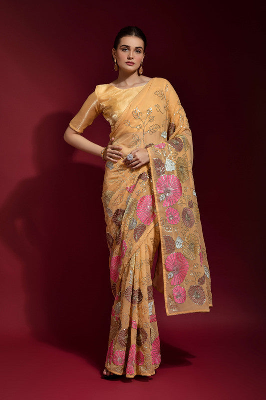 Jyoti Fashion Women's Chiku Sequence Embroidery Georgette Saree with Blouse | Grocsy