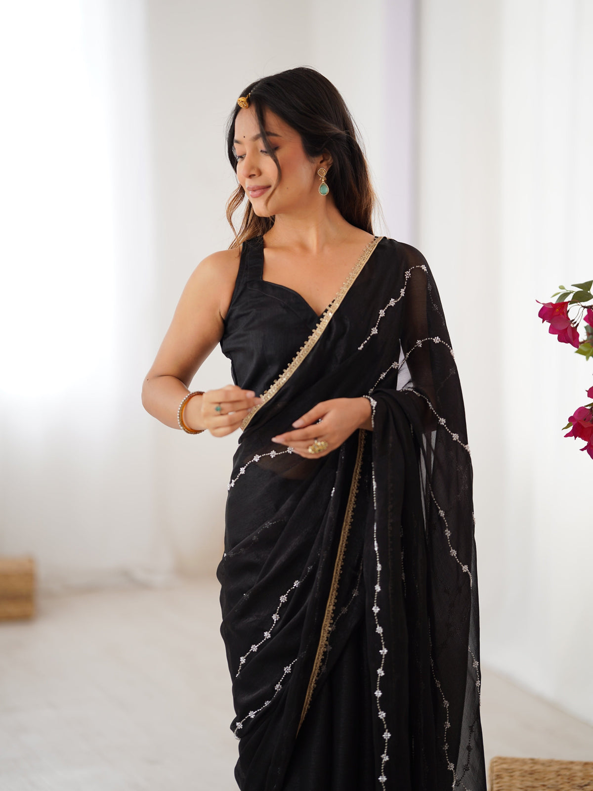 Jyoti Fashion Women's Black Soft Sitara Embroidered Designer Saree with Blouse | Grocsy