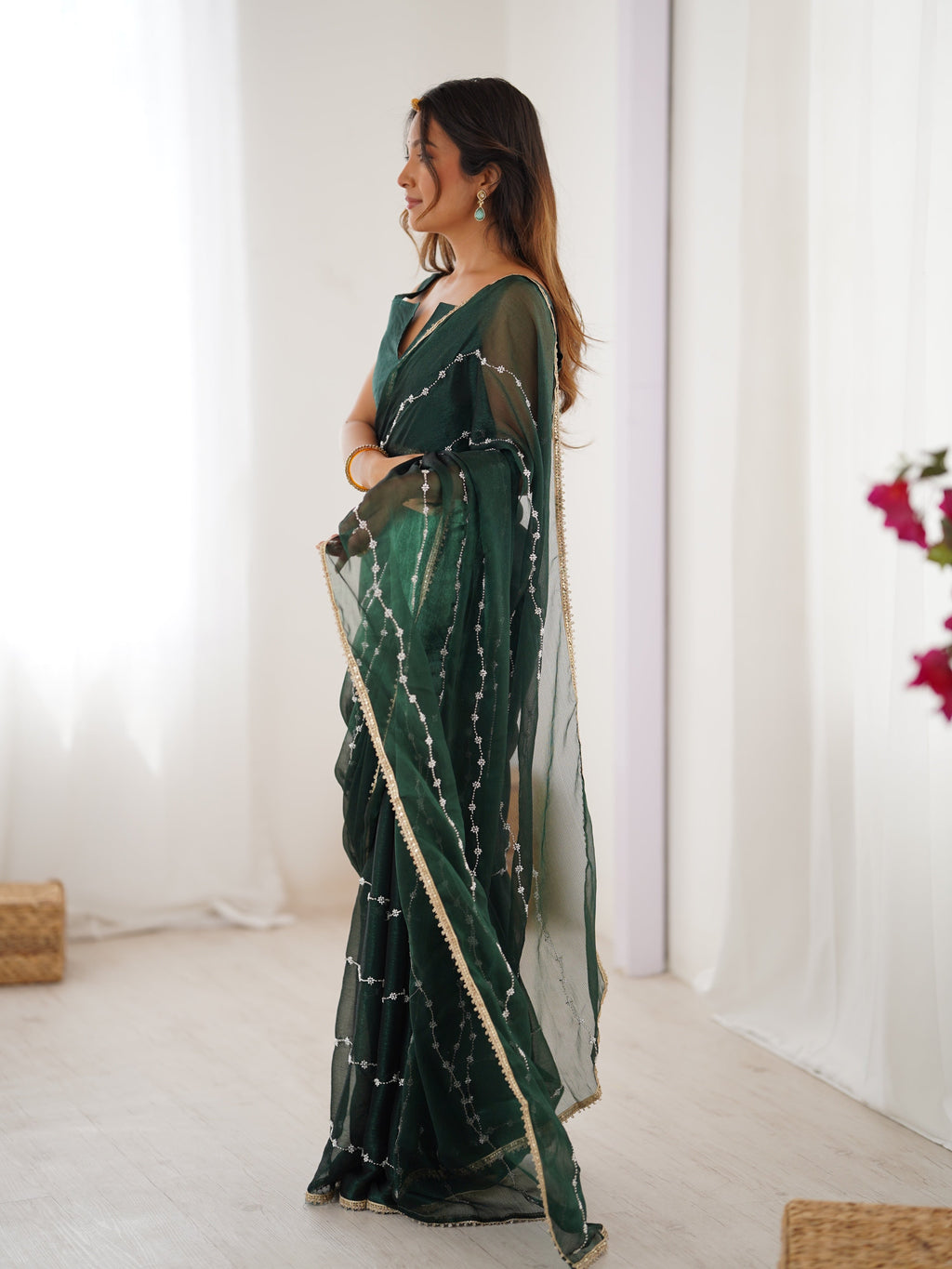 Jyoti Fashion Women's Bottle Green Soft Sitara Embroidered Designer Saree with Blouse | Grocsy