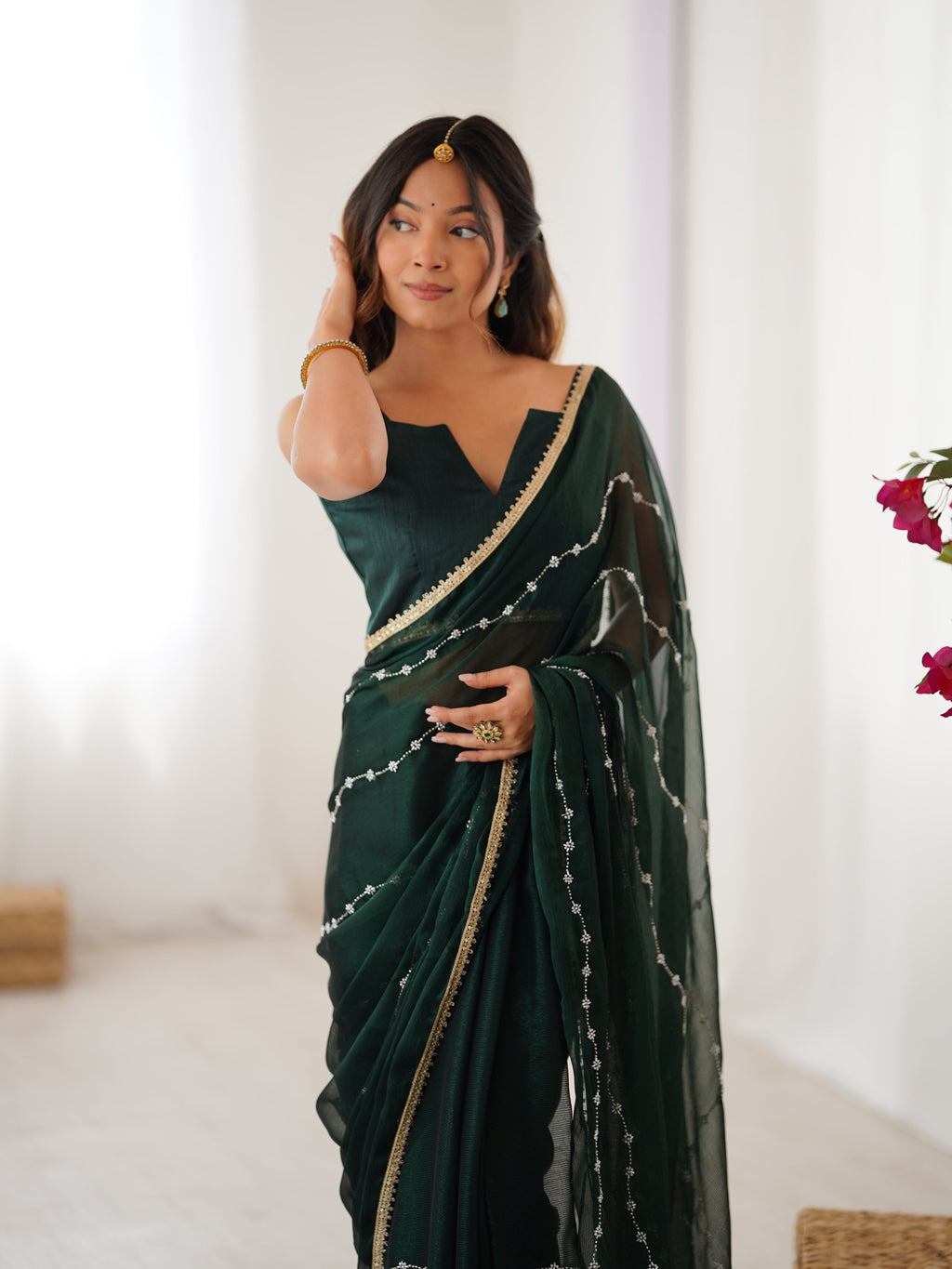 Jyoti Fashion Women's Bottle Green Soft Sitara Embroidered Designer Saree with Blouse | Grocsy