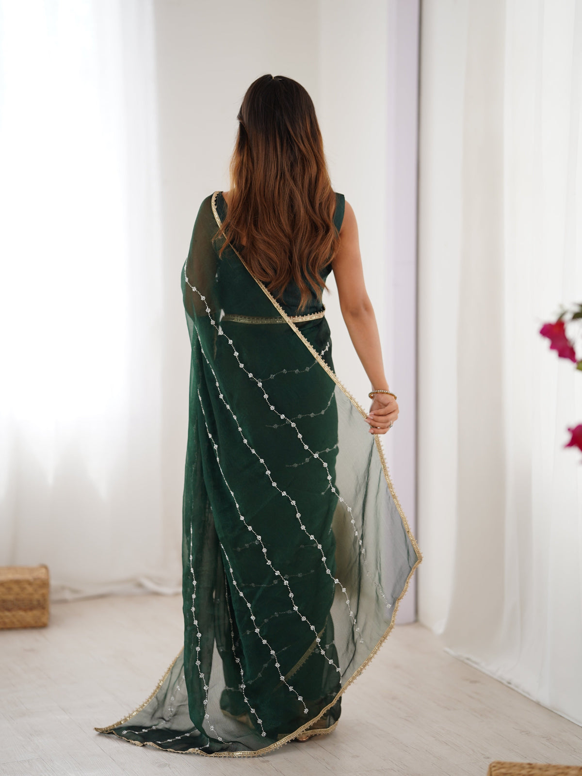 Jyoti Fashion Women's Bottle Green Soft Sitara Embroidered Designer Saree with Blouse | Grocsy