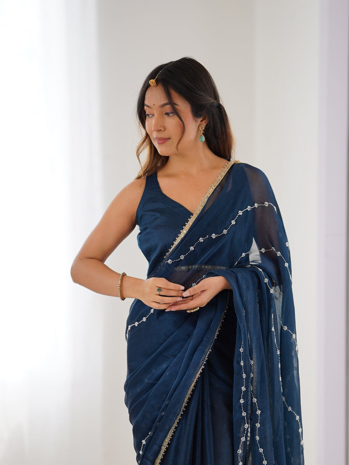 Jyoti Fashion Women's Teal Soft Sitara Embroidered Designer Saree with Blouse | Grocsy